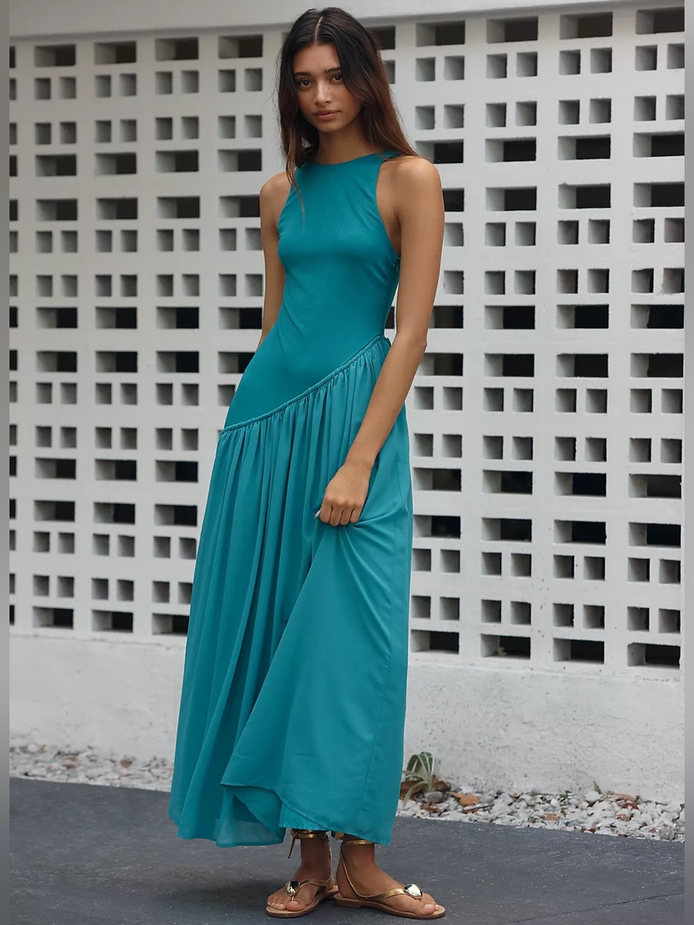 NWT! Anthropologie Teal Siempre Asymmetric Halter Maxi Dress